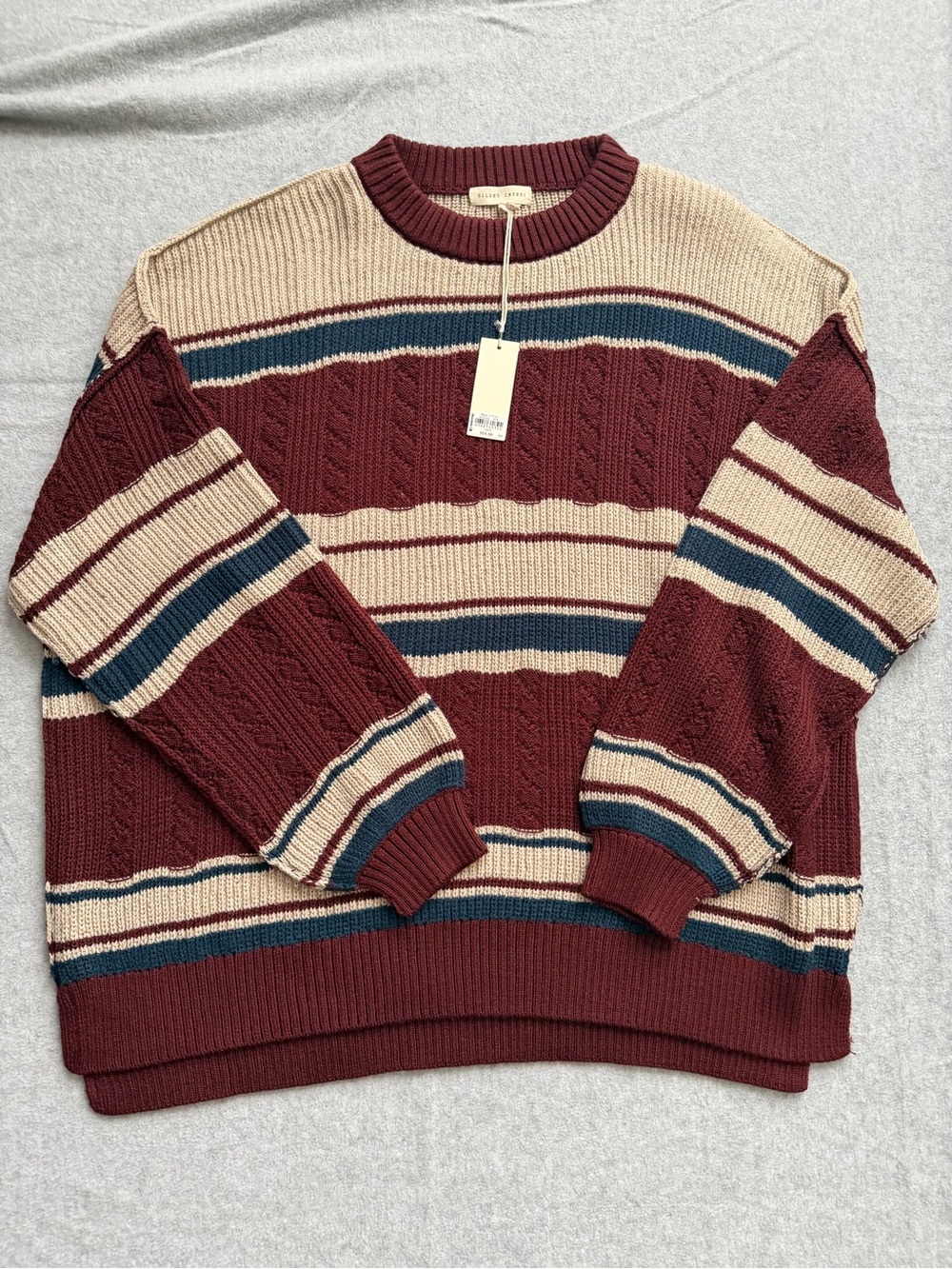 Gilded Intent Burgundy, Cream & Navy Striped Cable Crewneck Sweater